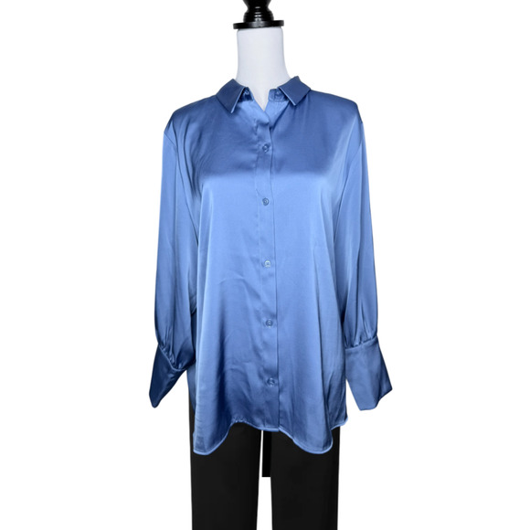 Halogen Silk Blue Blouse Button Collar Shirt Dark Academia xx1 Satin Dark Academ - Picture 1 of 7